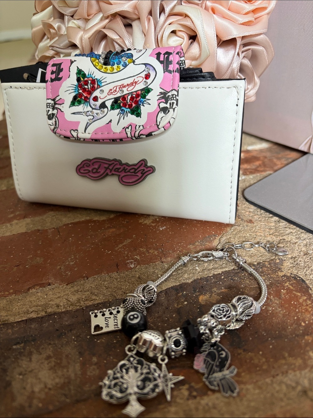 Ed Hardy White Wallet with Pink Floral Accent w/ Unbranded silver charm bracelet